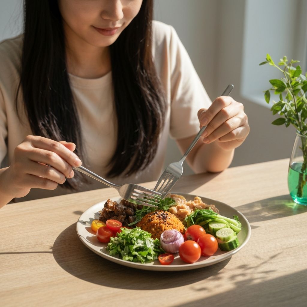 Plate of fresh food with hands reaching for fork