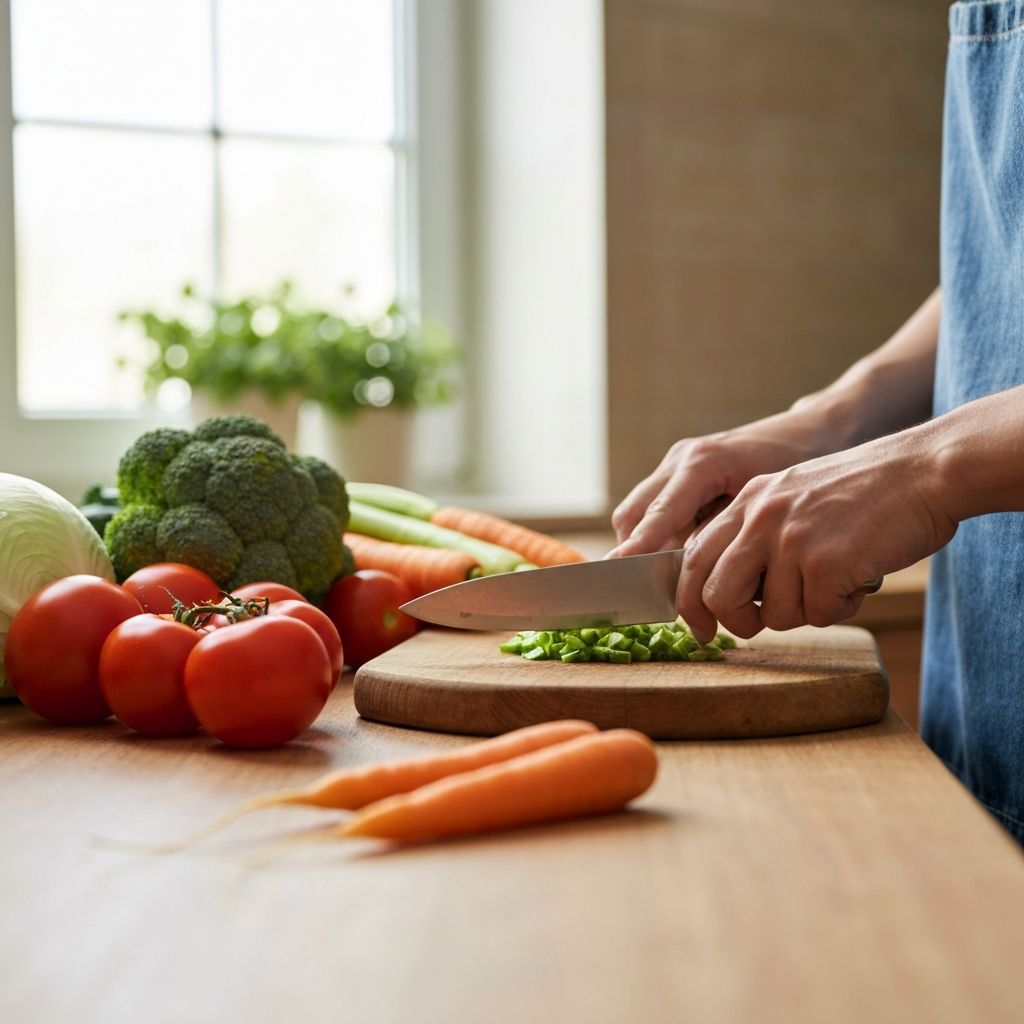 Fresh ingredients being prepared with hands on cutting board
